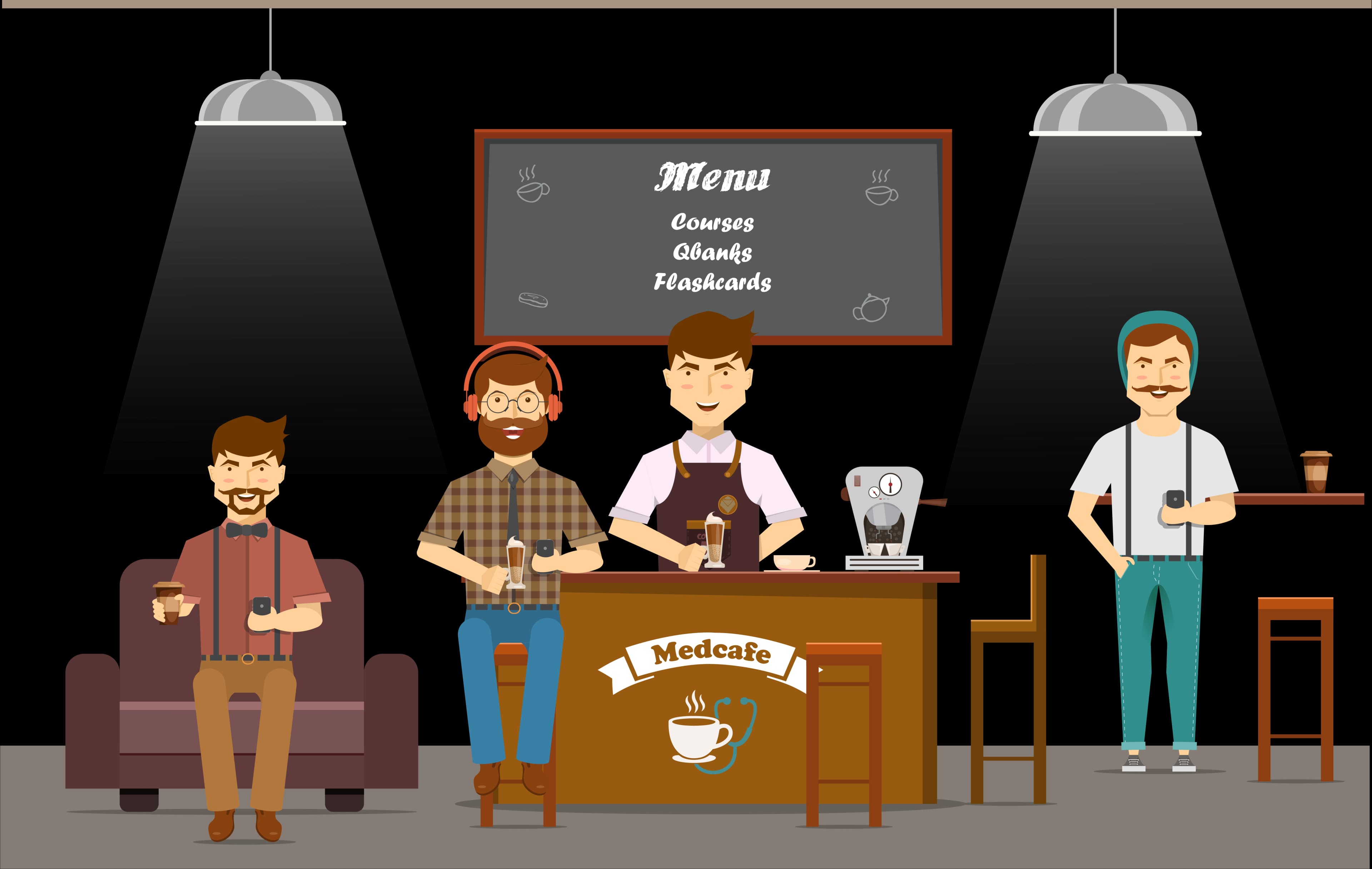 Illustrated Medcafe Store café — menu showing Courses, QBank, and Flashcards